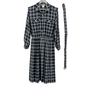 Leslie Fay Long Sleeve Plus Size Dress Knife Pleat Navy White Plaid 18W